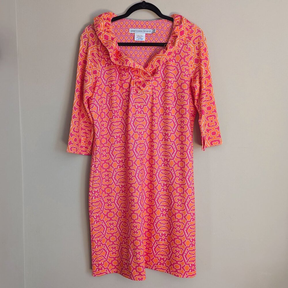 Gretchen Scott Pink & Orange Ruffneck Shift Dress Size L Knee Length 3/4 Sleeve